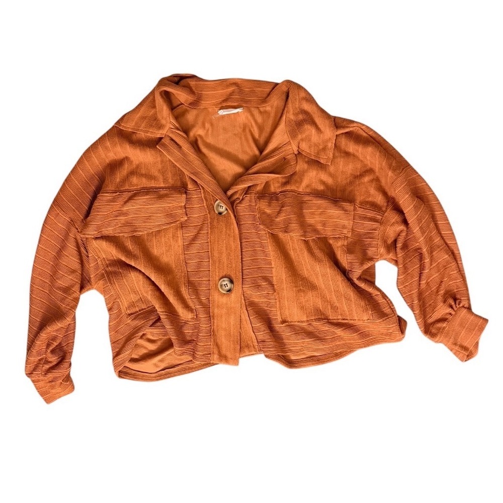 Bucketlist Ribbed Knit Button Down Shacket Terracotta Rust Large - Picture 2 of 5
